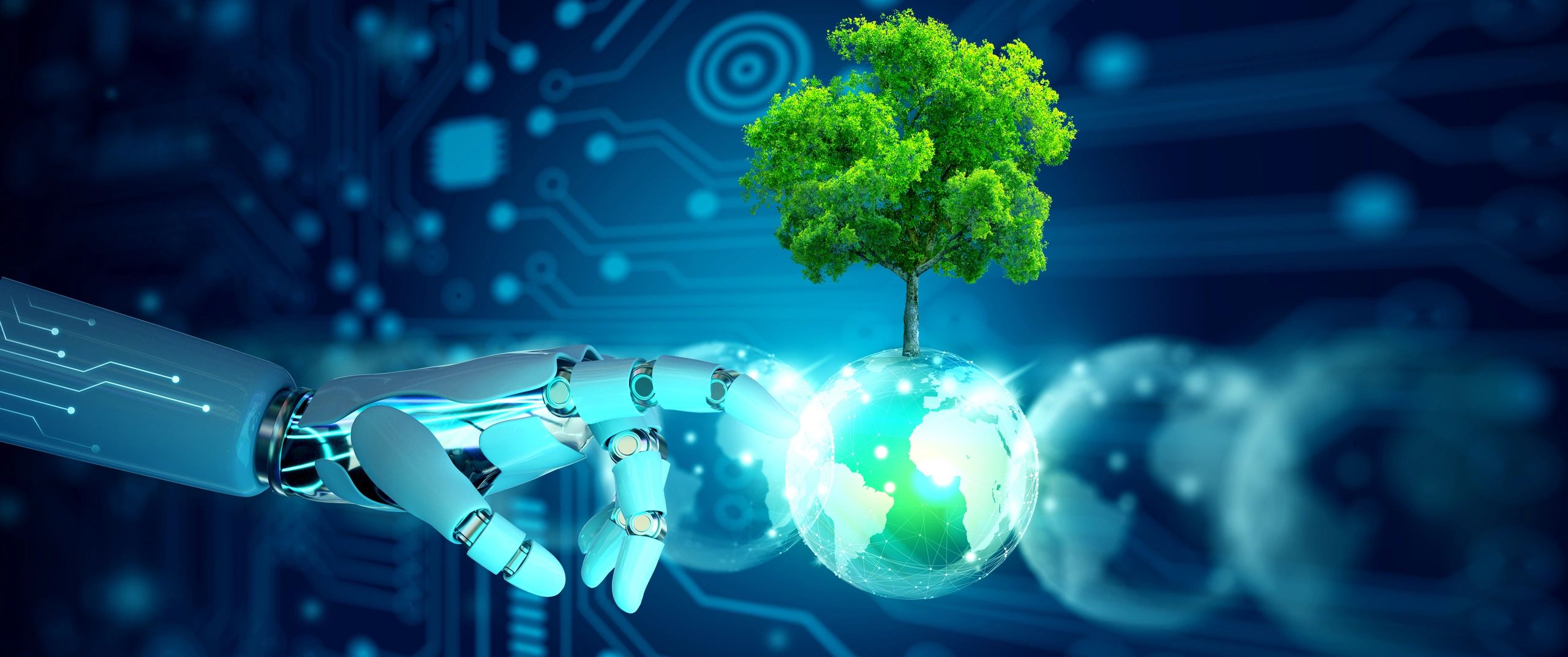 Robot hand pointing a crystal ball with tree. Nature with digital convergence. Artificial Intelligent, Ecology, Energy, Environment, Green Technology, and IT ethics Concept. (Robot hand pointing a crystal ball with tree. Nature with digital convergenc